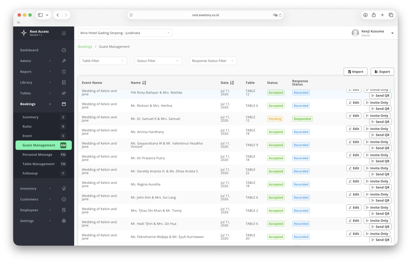 Eventory guest management list showing every invited guest with their RSVP status and assigned table.