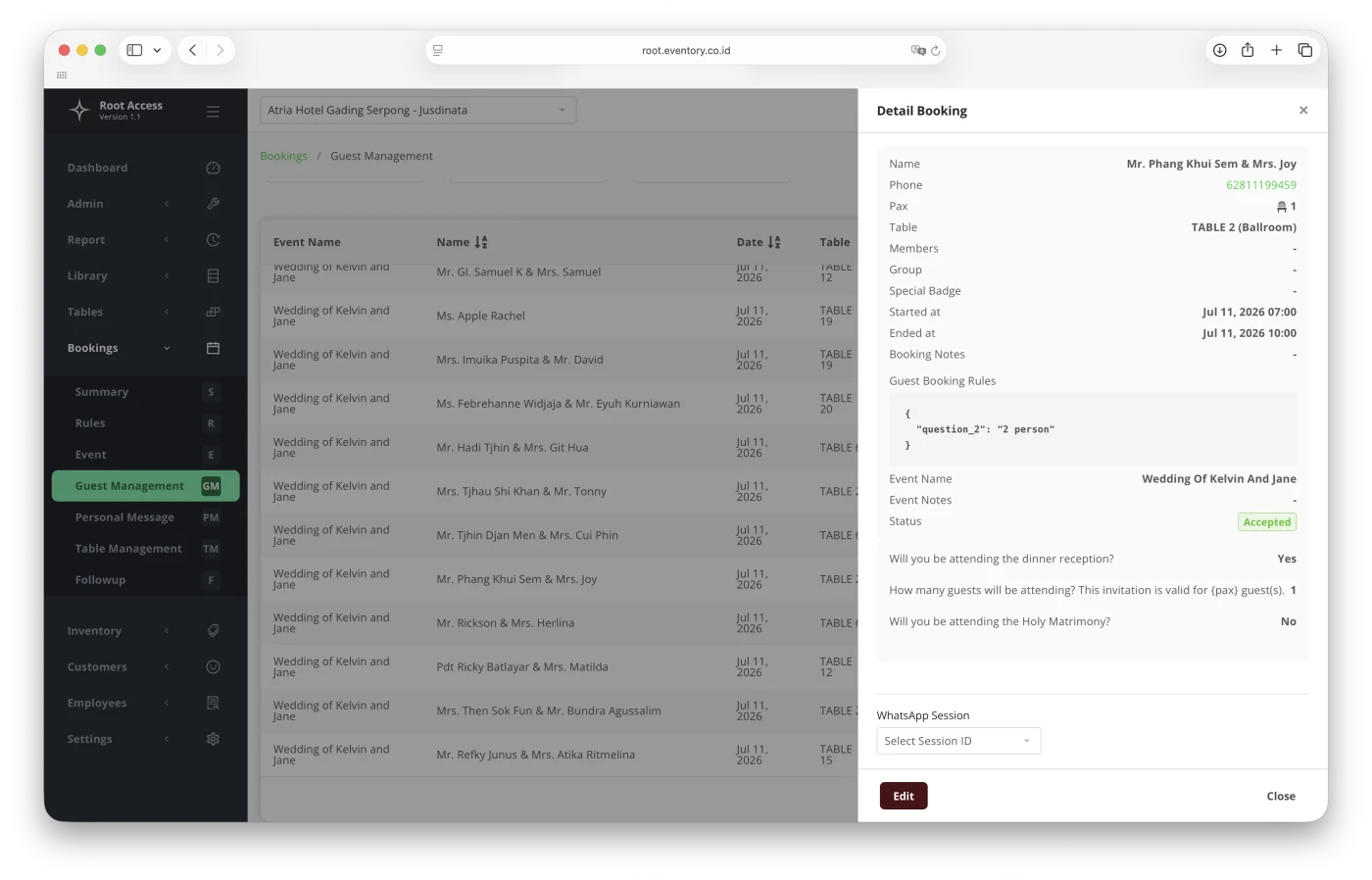 A single guest's booking detail, showing pax, table, and their answers to each RSVP question.