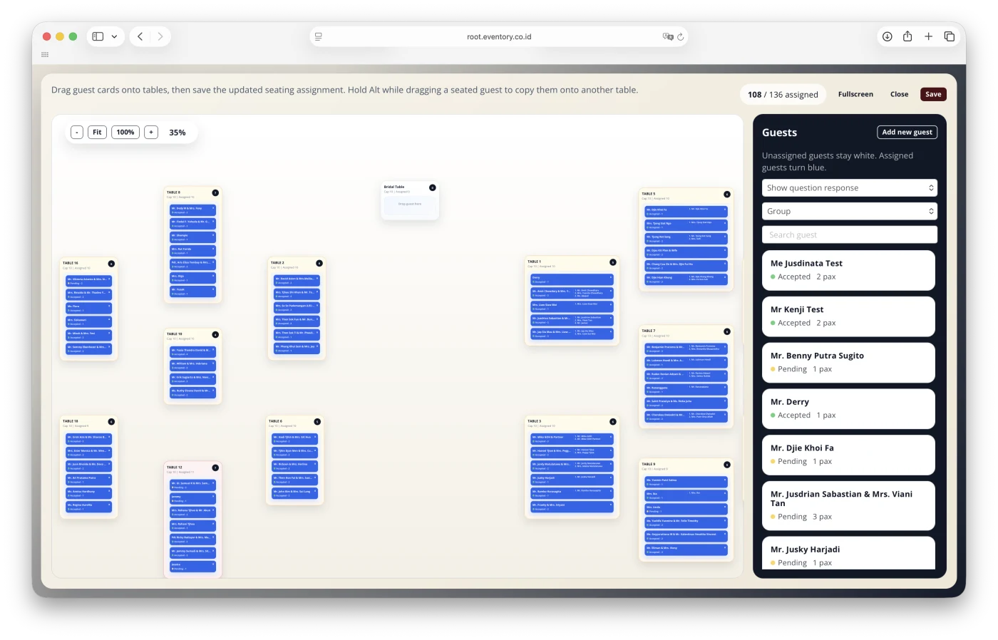 Drag-and-drop seating plan with guest cards assigned onto numbered tables.